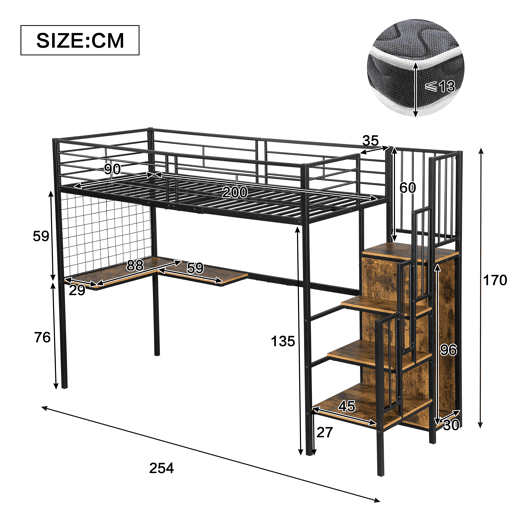 Beliche 90x200cm - Com mesa e armário, com escada lateral, ferro e painel de partículas - Preto+Madeira escura Beliche 90x200cm - Com mesa e armário, com escada lateral, ferro e painel de partículas - Preto+Madeira escura