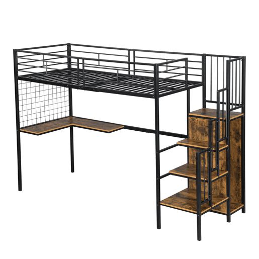 Beliche 90x200cm - Com mesa e armário, com escada lateral, ferro e painel de partículas - Preto+Madeira escura Beliche 90x200cm - Com mesa e armário, com escada lateral, ferro e painel de partículas - Preto+Madeira escura