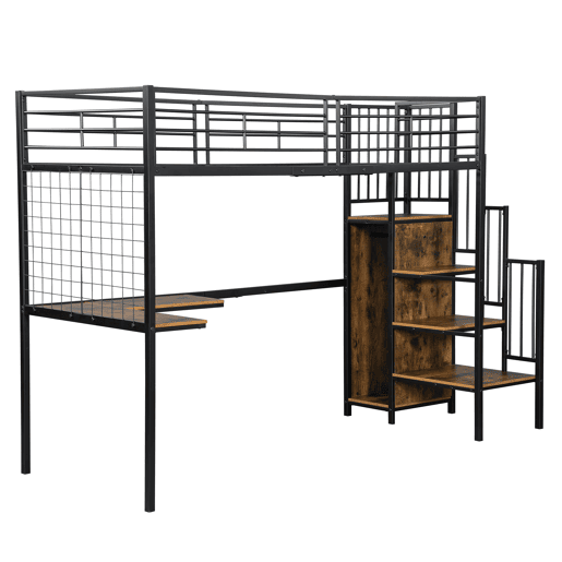 Beliche 90x200cm - Com mesa e armário, com escada lateral, ferro e painel de partículas - Preto+Madeira escura Beliche 90x200cm - Com mesa e armário, com escada lateral, ferro e painel de partículas - Preto+Madeira escura