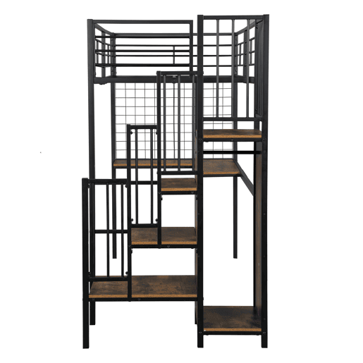 Beliche 90x200cm - Com mesa e armário, com escada lateral, ferro e painel de partículas - Preto+Madeira escura Beliche 90x200cm - Com mesa e armário, com escada lateral, ferro e painel de partículas - Preto+Madeira escura