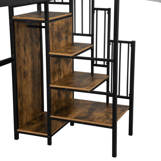 Beliche 90x200cm - Com mesa e armário, com escada lateral, ferro e painel de partículas - Preto+Madeira escura Beliche 90x200cm - Com mesa e armário, com escada lateral, ferro e painel de partículas - Preto+Madeira escura