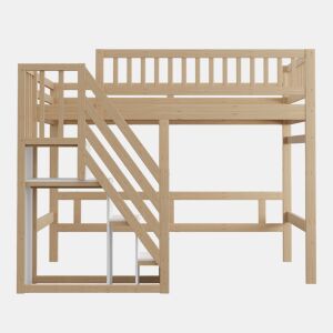 Cama alta em madeira maciça 140x200 - com escada, armário de arrumação e grade alta, cama para crianças e jovens - cor natural