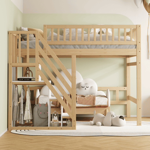 Cama alta em madeira maciça 140x200 - com escada, armário de arrumação e grade alta, cama para crianças e jovens - cor natural Cama alta em madeira maciça 140x200 - com escada, armário de arrumação e grade alta, cama para crianças e jovens - cor natural