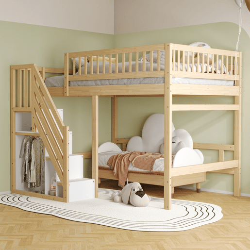 Cama alta em madeira maciça 140x200 - com escada, armário de arrumação e grade alta, cama para crianças e jovens - cor natural Cama alta em madeira maciça 140x200 - com escada, armário de arrumação e grade alta, cama para crianças e jovens - cor natural