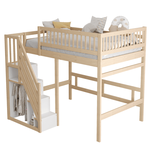 Cama alta em madeira maciça 140x200 - com escada, armário de arrumação e grade alta, cama para crianças e jovens - cor natural Cama alta em madeira maciça 140x200 - com escada, armário de arrumação e grade alta, cama para crianças e jovens - cor natural