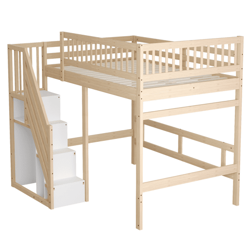 Cama alta em madeira maciça 140x200 - com escada, armário de arrumação e grade alta, cama para crianças e jovens - cor natural Cama alta em madeira maciça 140x200 - com escada, armário de arrumação e grade alta, cama para crianças e jovens - cor natural