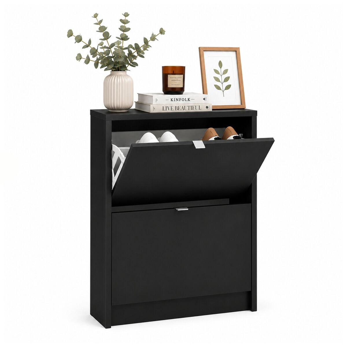 Adaja zapatero 2 puertas inclinables matt black 71x17x86 cm / mueble zapatero moderno con 1 compartimento para recibidor, pasillo o dormitorio