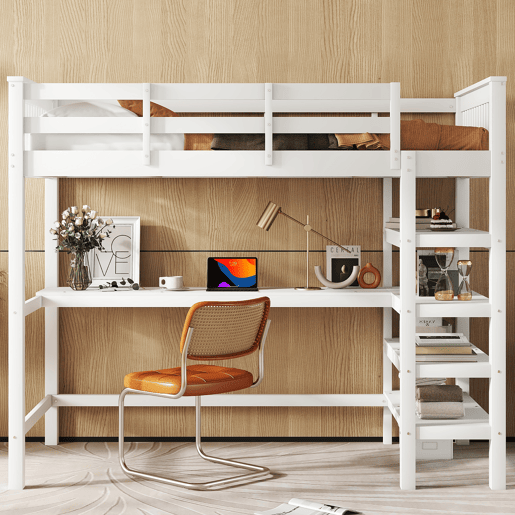 Cama alta 90x200 - Cama infantil com compartimentos de arrumação e secretária por baixo - Branco
