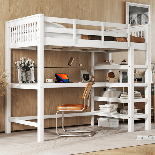 Cama alta 90x200 - Cama infantil com compartimentos de arrumação e secretária por baixo - Branco