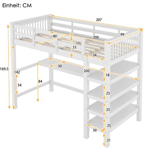 Cama alta 90x200 - Cama infantil com compartimentos de arrumação e secretária por baixo - Branco