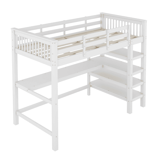 Cama alta 90x200 - Cama infantil com compartimentos de arrumação e secretária por baixo - Branco