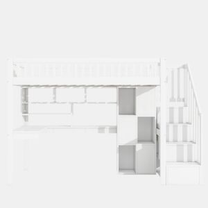 Cama alta 90x200 cm - Com luzes LED, prateleiras, secretária, sem colchão - Branco