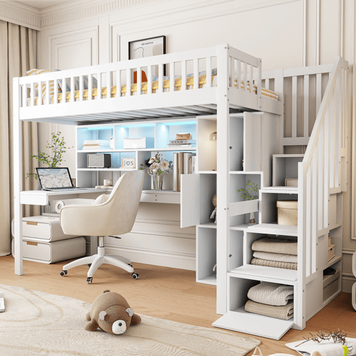Cama alta 90x200 cm - Com luzes LED, prateleiras, secretária, sem colchão - Branco