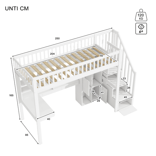 Cama alta 90x200 cm - Com luzes LED, prateleiras, secretária, sem colchão - Branco