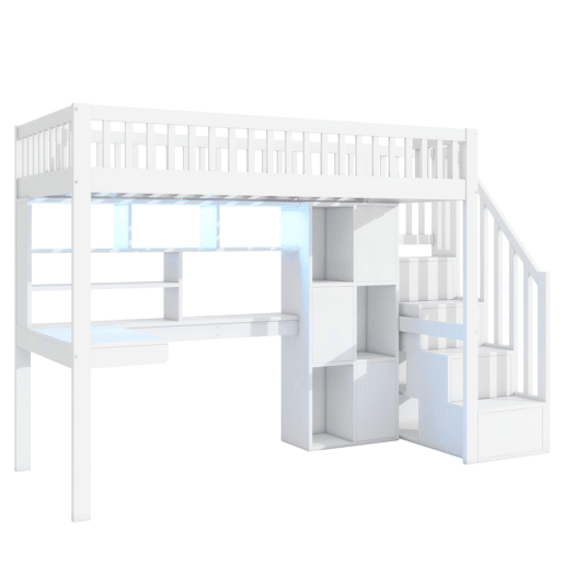 Cama alta 90x200 cm - Com luzes LED, prateleiras, secretária, sem colchão - Branco