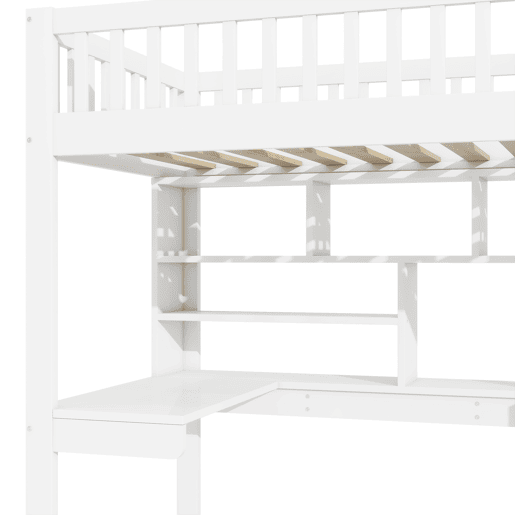 Cama alta 90x200 cm - Com luzes LED, prateleiras, secretária, sem colchão - Branco