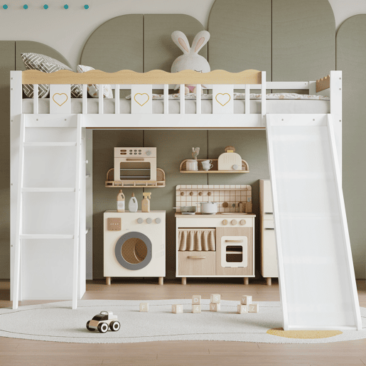 Cama loft 90x200 cm - Com escorregador, armário e prateleira embaixo, barreira nos 4 lados - Branco+Natural Cama loft 90x200 cm - Com escorregador, armário e prateleira embaixo, barreira nos 4 lados - Branco+Natural