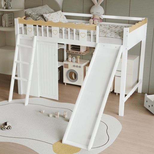 Cama loft 90x200 cm - Com escorregador, armário e prateleira embaixo, barreira nos 4 lados - Branco+Natural Cama loft 90x200 cm - Com escorregador, armário e prateleira embaixo, barreira nos 4 lados - Branco+Natural