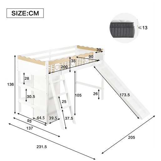 Cama loft 90x200 cm - Com escorregador, armário e prateleira embaixo, barreira nos 4 lados - Branco+Natural Cama loft 90x200 cm - Com escorregador, armário e prateleira embaixo, barreira nos 4 lados - Branco+Natural