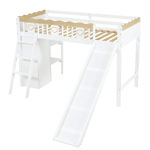 Cama loft 90x200 cm - Com escorregador, armário e prateleira embaixo, barreira nos 4 lados - Branco+Natural Cama loft 90x200 cm - Com escorregador, armário e prateleira embaixo, barreira nos 4 lados - Branco+Natural