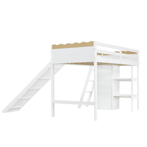 Cama loft 90x200 cm - Com escorregador, armário e prateleira embaixo, barreira nos 4 lados - Branco+Natural Cama loft 90x200 cm - Com escorregador, armário e prateleira embaixo, barreira nos 4 lados - Branco+Natural