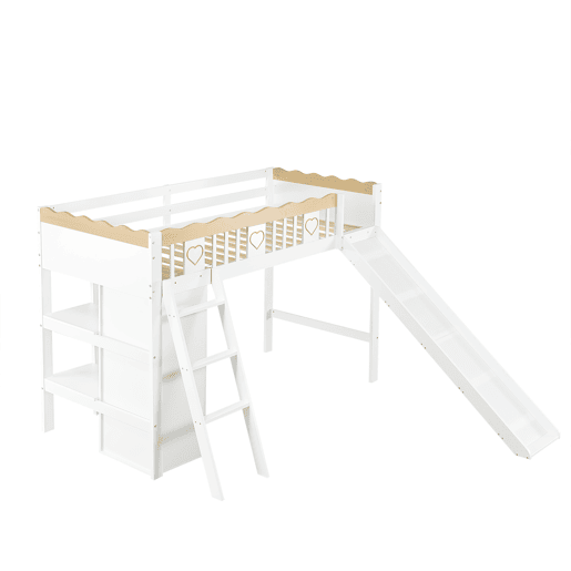 Cama loft 90x200 cm - Com escorregador, armário e prateleira embaixo, barreira nos 4 lados - Branco+Natural Cama loft 90x200 cm - Com escorregador, armário e prateleira embaixo, barreira nos 4 lados - Branco+Natural