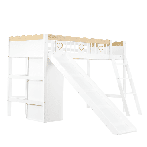 Cama loft 90x200 cm - Com escorregador, armário e prateleira embaixo, barreira nos 4 lados - Branco+Natural Cama loft 90x200 cm - Com escorregador, armário e prateleira embaixo, barreira nos 4 lados - Branco+Natural