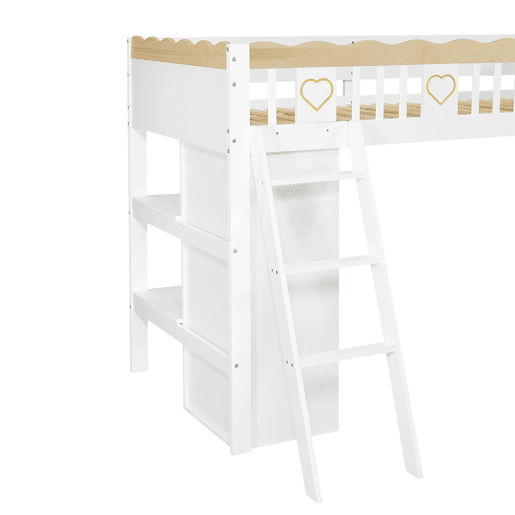 Cama loft 90x200 cm - Com escorregador, armário e prateleira embaixo, barreira nos 4 lados - Branco+Natural Cama loft 90x200 cm - Com escorregador, armário e prateleira embaixo, barreira nos 4 lados - Branco+Natural