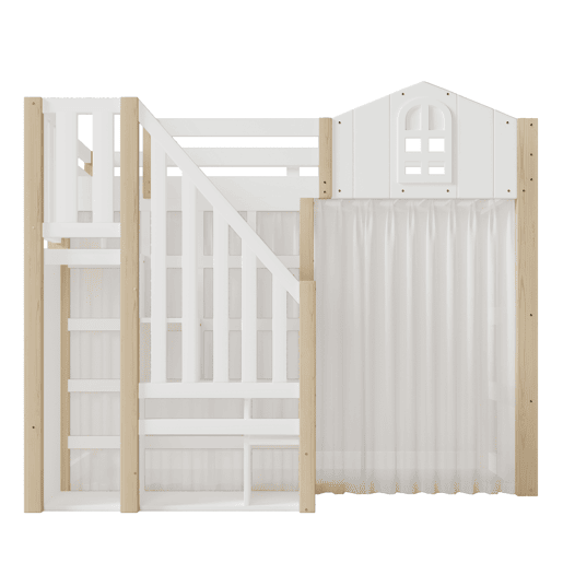 Cama loft 90x200 cm - Com luzes LED, formato de janela, escada com espaço de arrumação, branco + natural