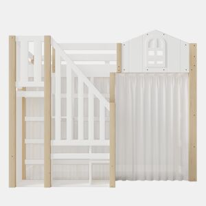Cama loft 90x200 cm - Com luzes LED, formato de janela, escada com espaço de arrumação, branco + natural