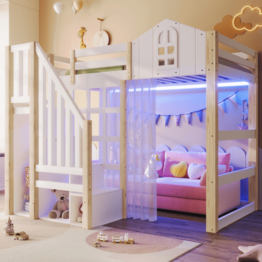Cama loft 90x200 cm - Com luzes LED, formato de janela, escada com espaço de arrumação, branco + natural