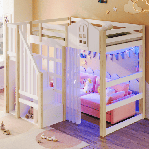 Cama loft 90x200 cm - Com luzes LED, formato de janela, escada com espaço de arrumação, branco + natural