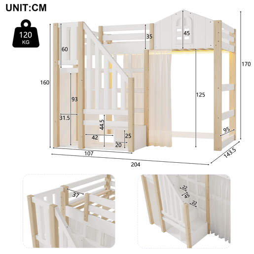 Cama loft 90x200 cm - Com luzes LED, formato de janela, escada com espaço de arrumação, branco + natural
