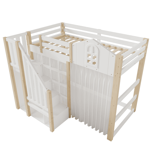 Cama loft 90x200 cm - Com luzes LED, formato de janela, escada com espaço de arrumação, branco + natural