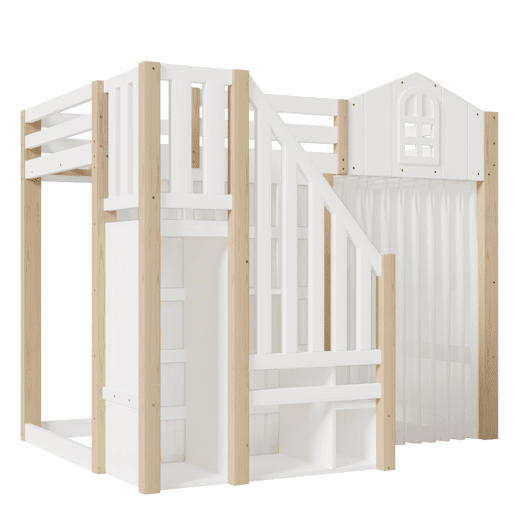 Cama loft 90x200 cm - Com luzes LED, formato de janela, escada com espaço de arrumação, branco + natural