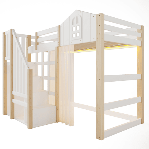 Cama loft 90x200 cm - Com luzes LED, formato de janela, escada com espaço de arrumação, branco + natural