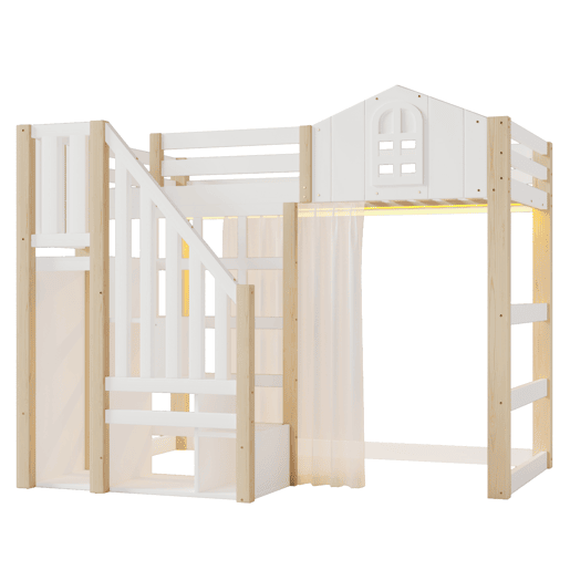 Cama loft 90x200 cm - Com luzes LED, formato de janela, escada com espaço de arrumação, branco + natural