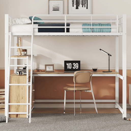 Cama alta 140x200cm - secretária de canto com gavetas - em MDF e metal - Branco Cama alta 140x200cm - secretária de canto com gavetas - em MDF e metal - Branco