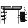 Cama alta 140*200 cm - Estante de três níveis, secretária, armário, escada de segurança com espaço de arrumação, design com cerca alta, cama de ferro, cama individual - Preta