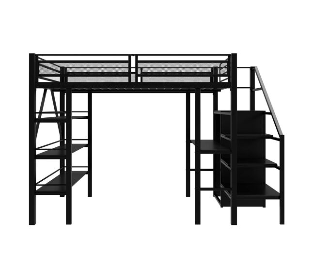 Cama alta 140*200 cm - estante de tres niveles, escritorio, armario, escalera de seguridad con espacio de almacenamiento, diseño de cerca alto, cama