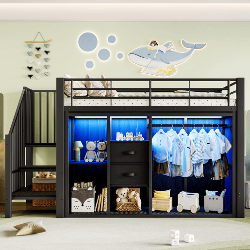 Cama loft 90x200 cm - 2 gavetas, armário aberto, LED multicolorido, arrumação - preto Cama loft 90x200 cm - 2 gavetas, armário aberto, LED multicolorido, arrumação - preto