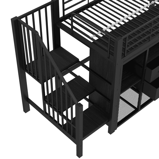 Cama loft 90x200 cm - 2 gavetas, armário aberto, LED multicolorido, arrumação - preto Cama loft 90x200 cm - 2 gavetas, armário aberto, LED multicolorido, arrumação - preto