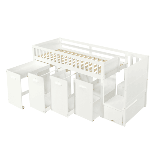 Cama mezzanine em madeira 90x200 cm - com secretáriagabinetearmário extraível e escada de arrumação - Branco Cama mezzanine em madeira 90x200 cm - com secretáriagabinetearmário extraível e escada de arrumação - Branco