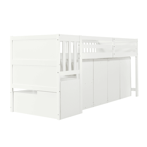Cama mezzanine em madeira 90x200 cm - com secretáriagabinetearmário extraível e escada de arrumação - Branco Cama mezzanine em madeira 90x200 cm - com secretáriagabinetearmário extraível e escada de arrumação - Branco