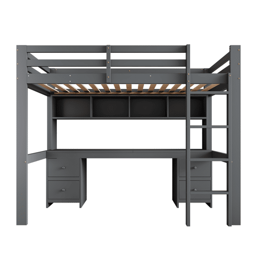 Cama mezzanine 90x200 cm - com secretária e 2 cómodas - pinho maciço e MDF - Cinzento