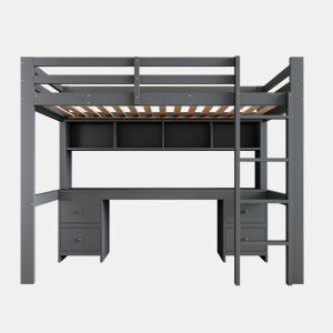 Cama mezzanine 90x200 cm - com secretária e 2 cómodas - pinho maciço e MDF - Cinzento