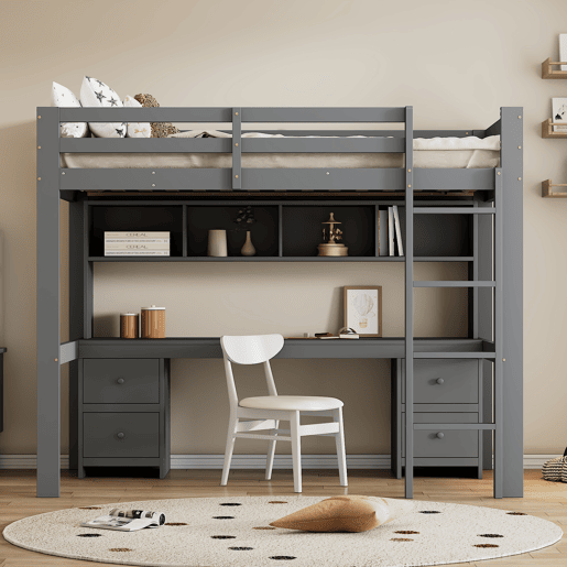 Cama mezzanine 90x200 cm - com secretária e 2 cómodas - pinho maciço e MDF - Cinzento