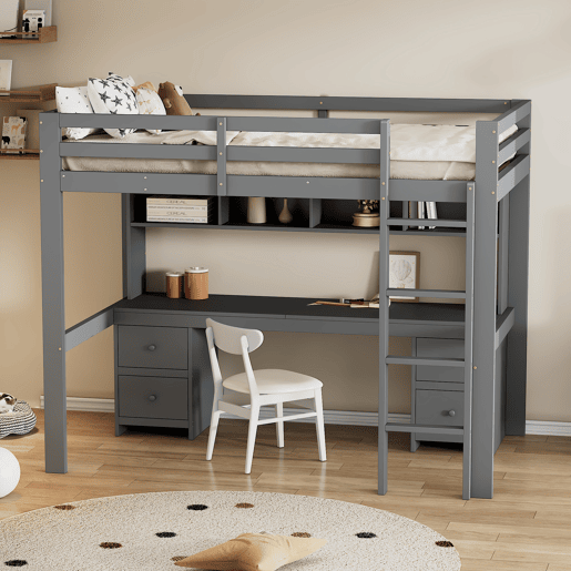 Cama mezzanine 90x200 cm - com secretária e 2 cómodas - pinho maciço e MDF - Cinzento