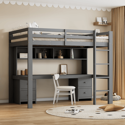 Cama mezzanine 90x200 cm - com secretária e 2 cómodas - pinho maciço e MDF - Cinzento