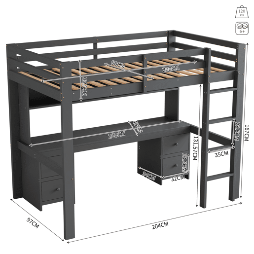Cama mezzanine 90x200 cm - com secretária e 2 cómodas - pinho maciço e MDF - Cinzento